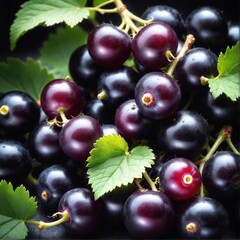 Fototapeta premium Black currant grows on bush in garden. Nature, organic food and gardening