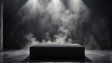 Podium black dark smoke background product platform abstract stage texture fog spotlight. Dark black floor podium dramatic empty night room table concrete wall scene place display studio smoky dust	