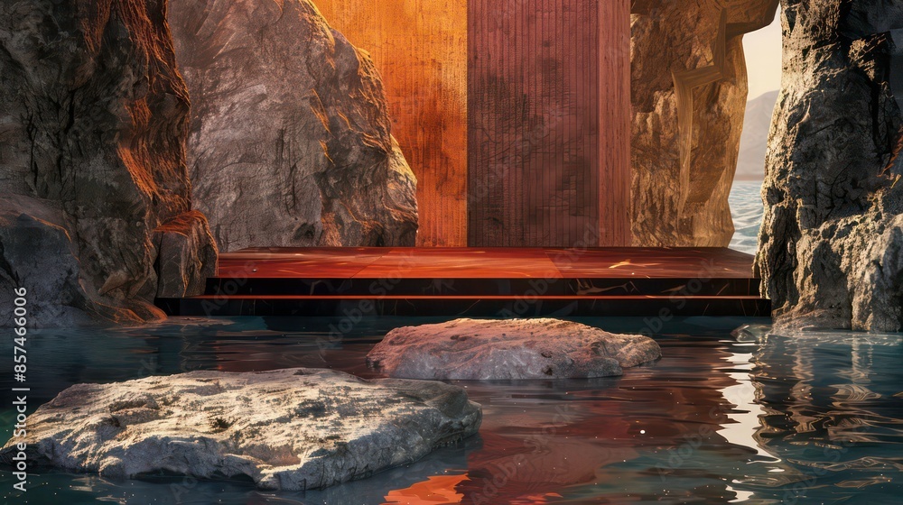 Poster nature stone podium for display product with waterfall background. generative ai