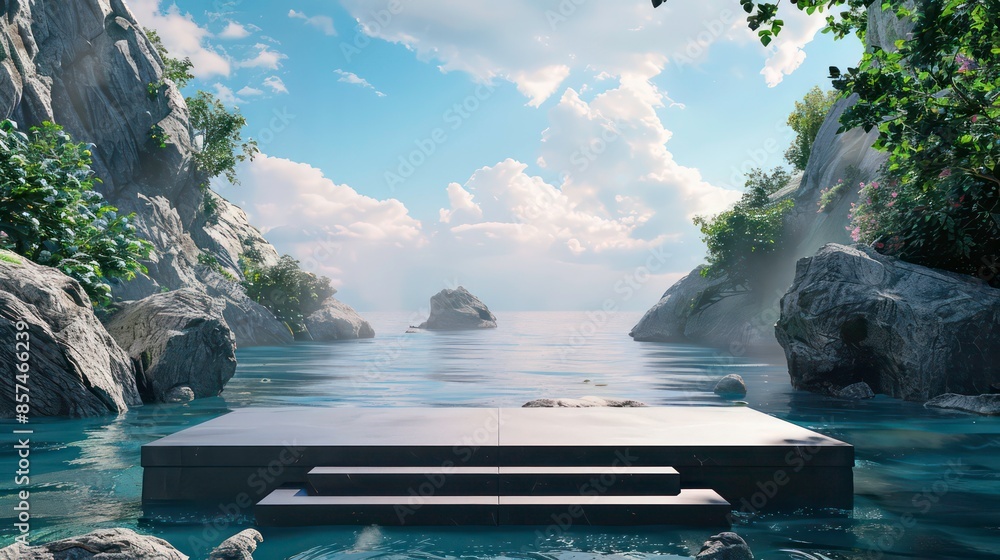 Poster podium product display blends into nature with stone table on waterfall background.generative ai