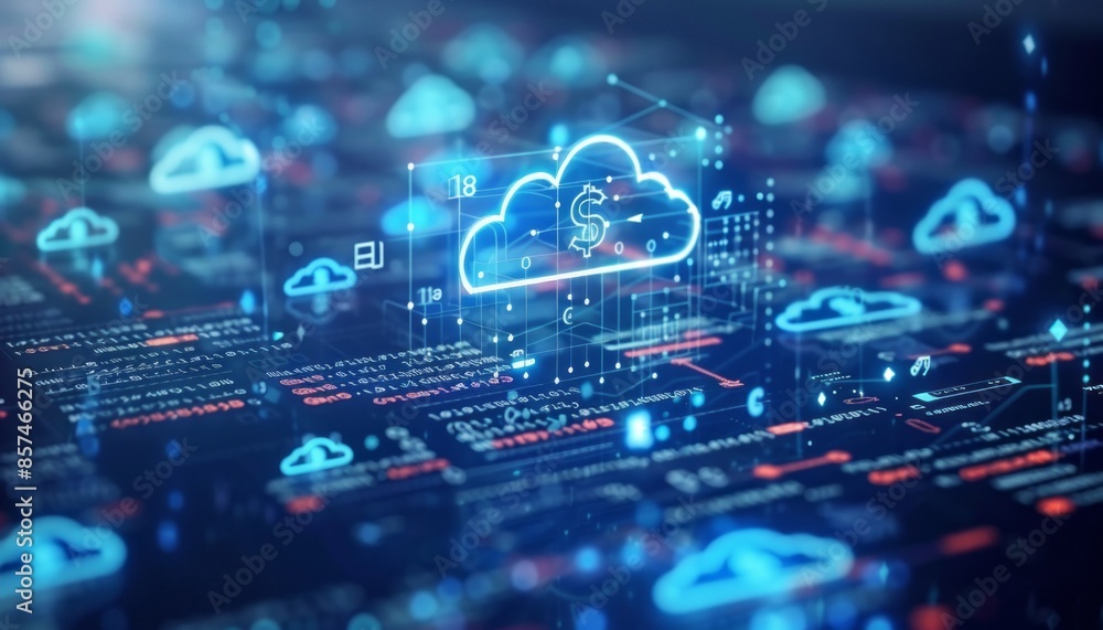 Poster digital cloud computing network with dollar sign icon