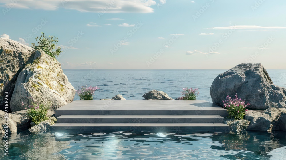Poster podium product display blends into nature with stone table on waterfall background.generative ai