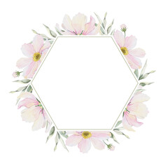 Cosmos flowers and leaves. Isolated hand drawn watercolor frame of pink cosmea. Summer floral of pink wildflowers wreath for wedding invitations, cards, packaging of goods