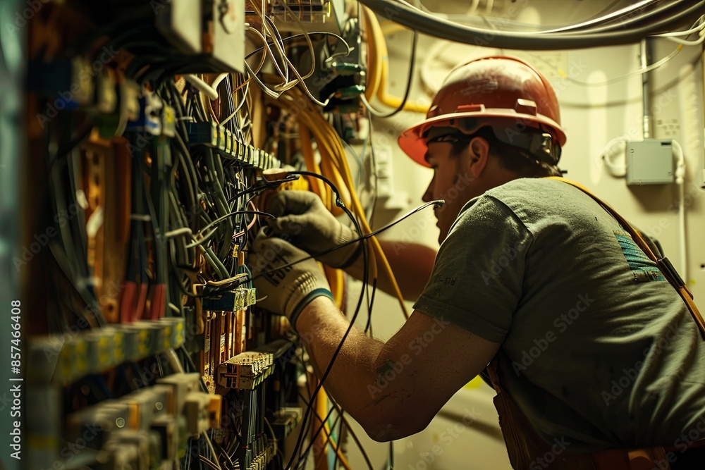 Poster a close-up of an electrician wearing safety gear and gloves while working on electrical wiring insid