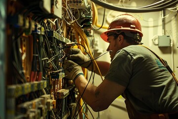 A close-up of an electrician wearing safety gear and gloves while working on electrical wiring inside a wall. Generative AI