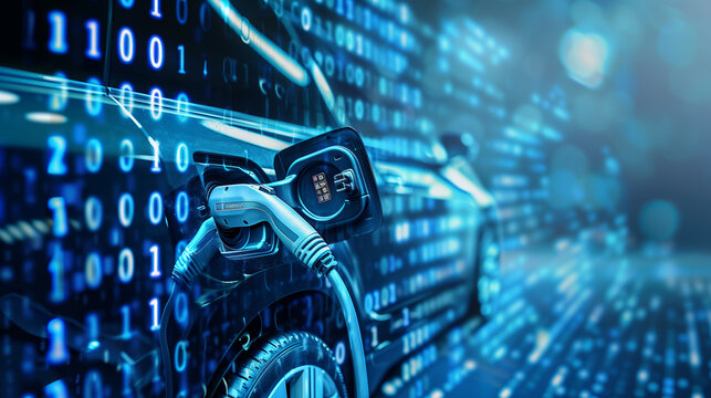 Digital binary code in blue, with the dominant image of a plug for charging electric cars and batteries. It illustrates the concept of alternative energy and future system technology.