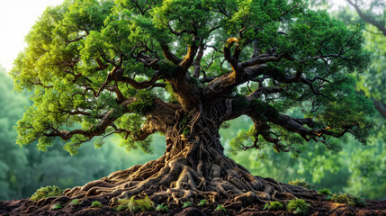 Fototapeta premium Ancient Majestic Tree with Sprawling Roots in Lush Forest