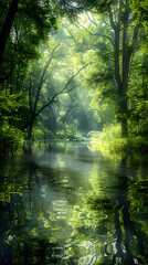 Obraz premium Serene Forest River: Tranquil Waters Reflecting Lush Greenery and Sunlight in a Harmonious Natural Setting