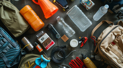 A top-down perspective on emergency equipment, such as lighting, a survival toolkit, and maps and communicators.