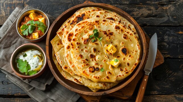 Homemade Kerala wheat paratha or layered parotta served with Paneer curry