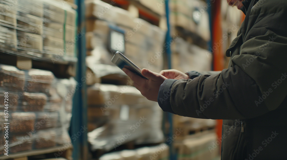 Poster warehouse scene with pallets of food products, a worker with a tablet, close-up on their focused int