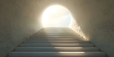 Fototapeta premium A majestic staircase leads to a circular opening in heavenly light. Concept Architecture, Staircase, Circular Opening, Heavenly Light, Majestic