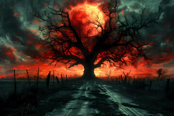A large, gnarled tree devoid of leaves stretches its twisted branches skyward, silhouetted starkly against the ominous dark red clouds and night sky, creating a scene of eerie beauty and solitude