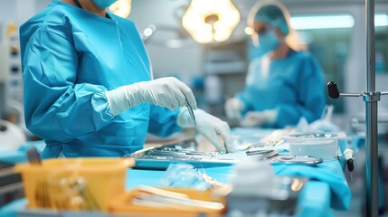 A surgeon in blue surgical scrubs, mask, and gloves arranges various surgical instruments on a sterile table, preparing for a precise and highly controlled surgical procedure.