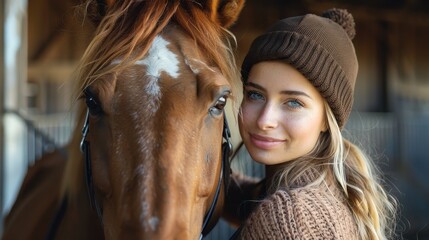 Fototapeta premium A woman wearing cozy knitted attire stands closely with a horse inside a rustic barn, symbolizing their strong bond and harmonious relationship in a serene setting