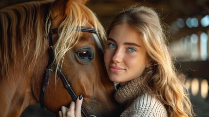 A young woman stands closely with a horse inside a stable, exhibiting their close connection and mutual affection in a rustic and serene environment