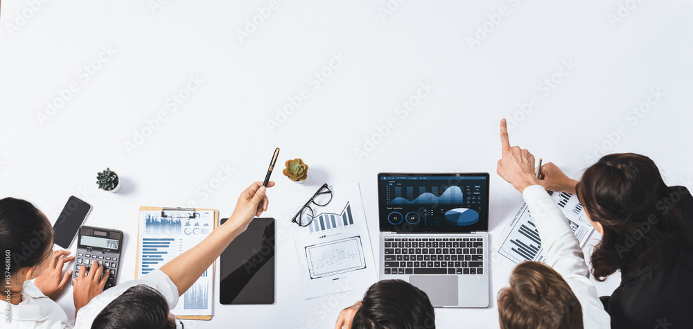Aufkleber Panorama banner top view of office worker and businesspeople on meeting table pointing to empty space with editable blank background for customer design. Business working and meeting copyspace.Prudent