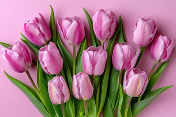 Obraz premium Pink tulip bouquet on pink background for celebrations with copy space.