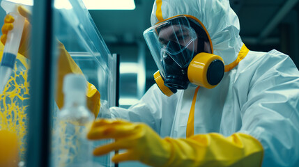 A worker's concentrated effort in managing hazardous materials inside a high-tech containment chamber, close-up of the tools and safety protocols in use