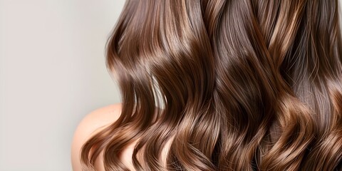 Fototapeta premium Soft Wavy Brunette Hair with Brown Caramel Highlights. Concept Hair color, Brunette, Caramel highlights, Wavy hairstyle, Soft hair