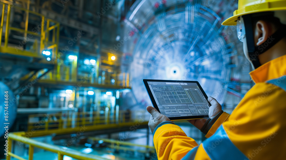 Aufkleber engineersâ hands and digital tablets showing energy distribution and efficiency data, optimizing s
