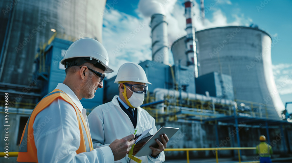 Poster engineers at a nuclear plant reviewing energy distribution maps and efficiency data on digital table