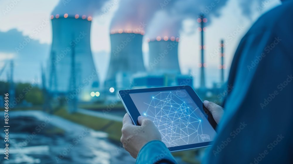 Wall mural Detailed view of engineers using digital tablets to analyze energy distribution and efficiency at a nuclear plant, planning smart grid improvements - Wall murals