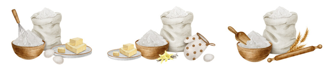 Set of bakery ingredients like flour, egg, butter and kitchen utensils: spoon, bowl, rolling pin, whisk. Fabricate bakery products. Isolated watercolor illustration recipes for bakehouse and bakeshop.