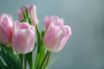 Fototapeta premium Light pink tulip bouquet on a plain background shot with soft light and a shallow depth of field
