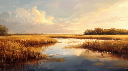 Obraz premium A serene scene of a river winding through a field of golden reeds, illuminated by the warm glow of the setting sun.