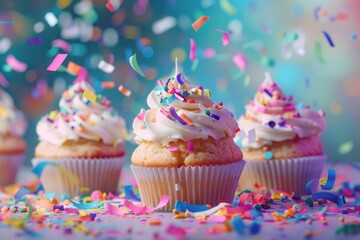 Party background with cupcakes and confetti 