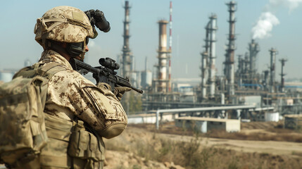 Obraz premium With a modern oil refinery stretching behind him on a bright day, a soldier in military gear holds his weapon, marking the site's strategic importance
