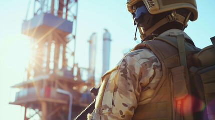 With the modern oil rig stretching out behind him in the bright sun, a soldier in military attire stands vigilant with his weapon, emphasizing the facility's strategic value