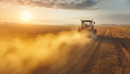 Fototapeta premium Tractor creating a dust trail while working in the field at sunrise