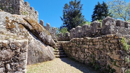 Moorish Castle or Castle of the Moors in Sintra Portugal. It is a fortification founded in the 10th century, during the period the Moors occupied the Iberian Peninsula. Fortress walls and stairs.