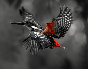 Vivid Blue Kingfisher in Flight with Red Beak