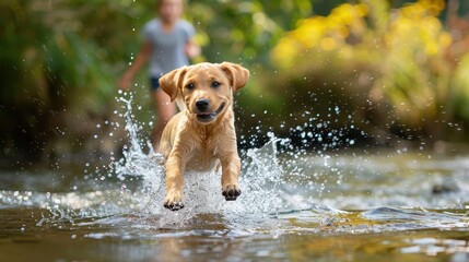 A dog joyfully leaps through the water while a person happily observes from behind, set in a beautiful natural environment, capturing a moment of bliss and connection.