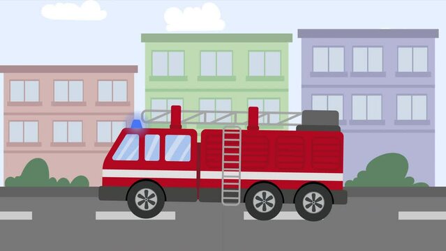 Cartoon style animated fire truck with flashing lights on moving on the road with city background. Loopable, motion graphic footage. 4K Resolution.