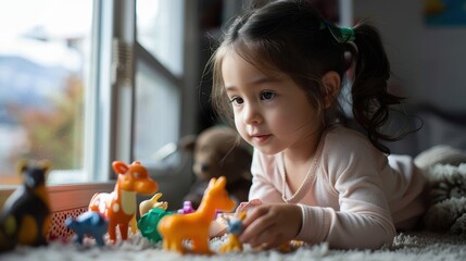 Fototapeta premium A young child lying on the floor indoors, engaged and playing with a variety of colorful animal toys, showcasing innocence, creativity, and the joy of childhood.