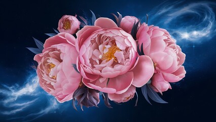 Pink peonies border blue background design space