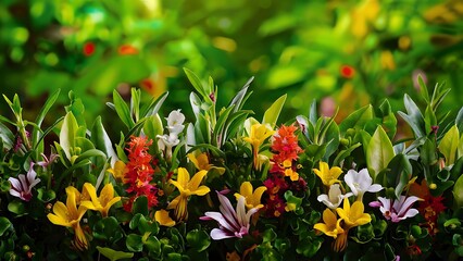 Background with isolated green foliage and flowers high quality photo