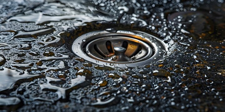 Extreme closeup of clogged kitchen sink drain with focus on blockage. Concept Clogged Kitchen Sink, Drain Blockage, Extreme Closeup, Plumbing Issue, Household Maintenance