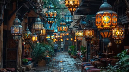 Fototapeta premium Illuminated Alleyway with Moroccan Lanterns