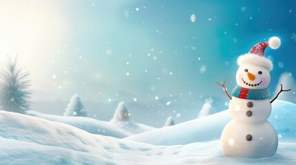 Obraz premium Happy snowman standing in christmas landscape. Snow background with copy space