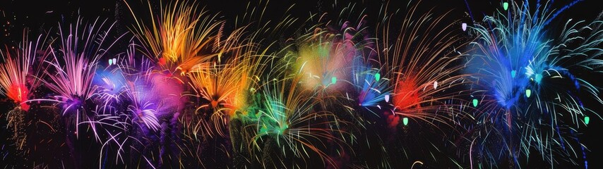 A vibrant display of colorful fireworks lighting up the night sky, creating an enchanting and festive atmosphere colorful bursts symbolize joyous celebrations against a black background Generative AI