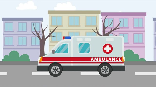 Cartoon ambulance car rides through the city with the siren turned on. Looped, 4k, 2d motion graphics animation. Health care, hospital, paramedic, medical concepts.