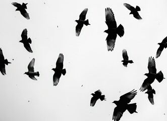 Flock of Black Birds in Flight