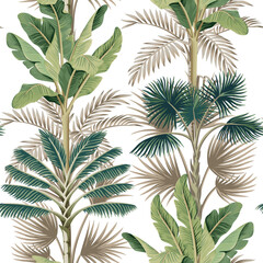 Tropical vintage palm tree, banana tree floral seamless pattern white background. Exotic jungle wallpaper.