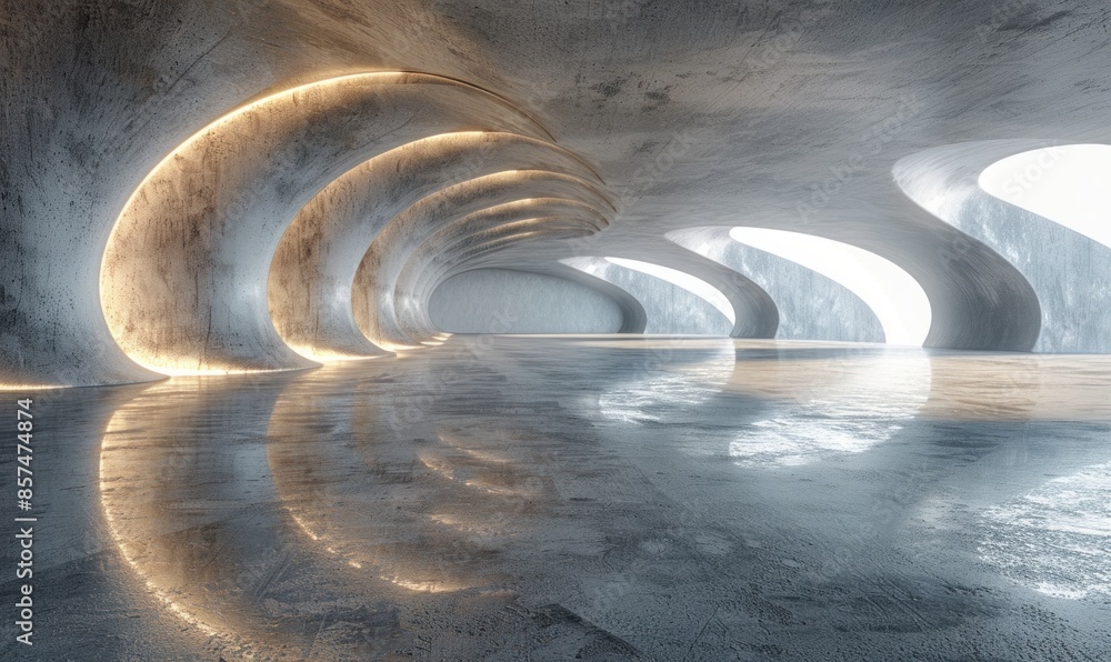 Poster modern concrete curved architecture interior, empty and abstract with soft lighting, embodying a nat