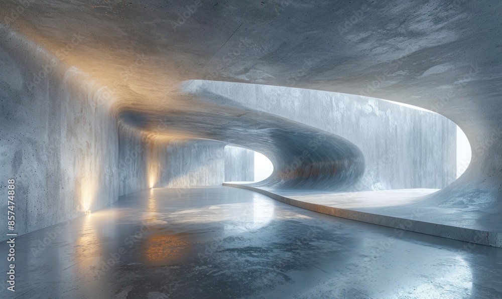 Poster abstract empty interior of modern concrete curved architecture with soft lighting, reflecting a natu